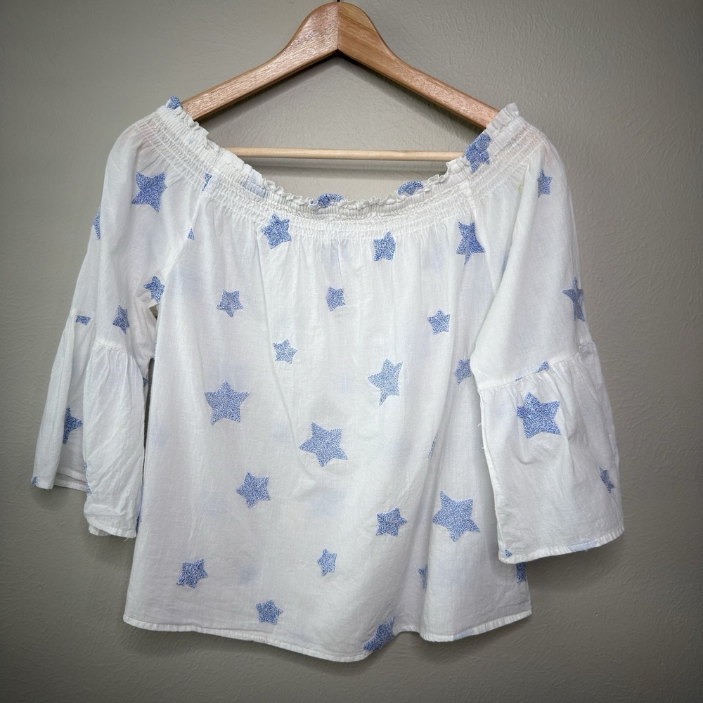 Alice Blue‎ M Cotton Embroidered Stars Off Shoulder Smocked CottageCore Peasant
